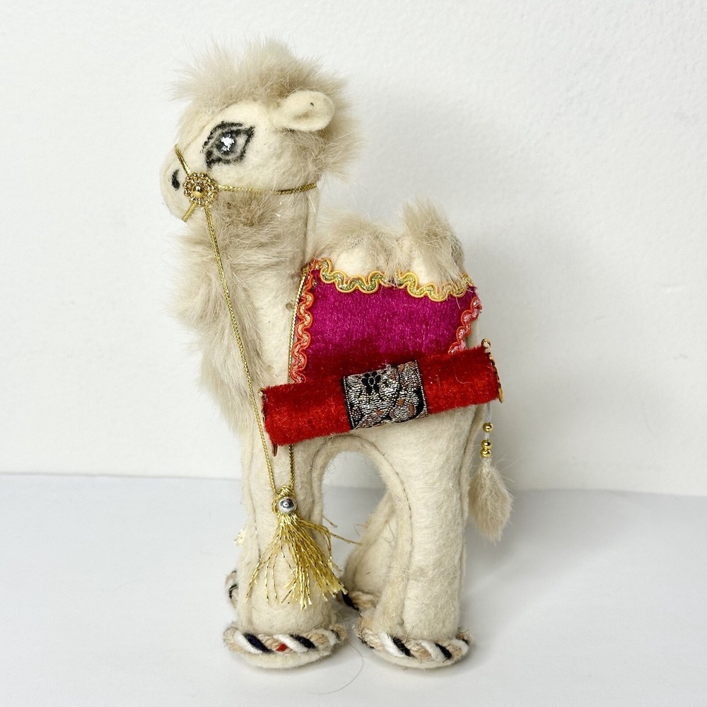 Kazakhstan Standing Camel Plush With Gold Fringe Embellishments Handmade